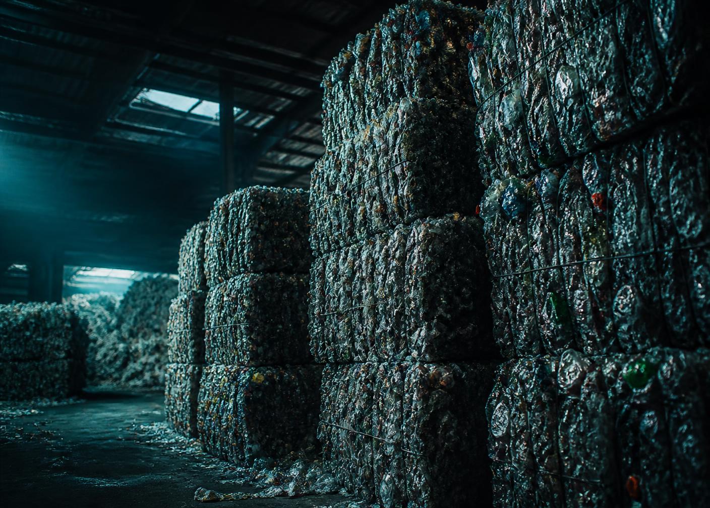 Stacked bales of compressed PET bottles awaiting sale in a warehouse
